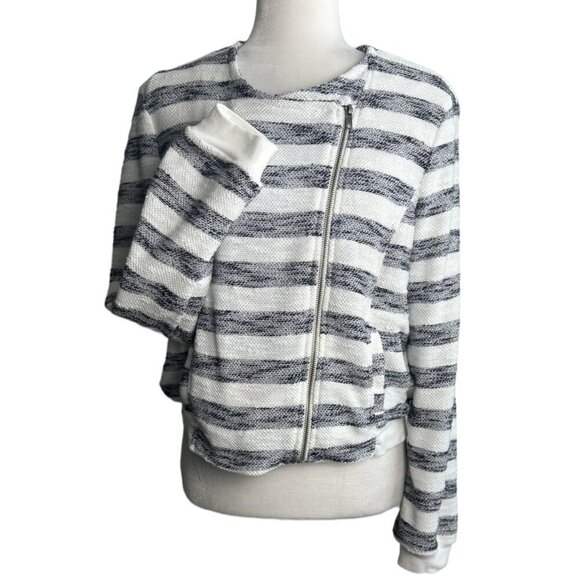 Sanctuary Asymmetric Zip Front Blue and White Striped Cropped Jacket Women's Lg - Picture 2 of 11